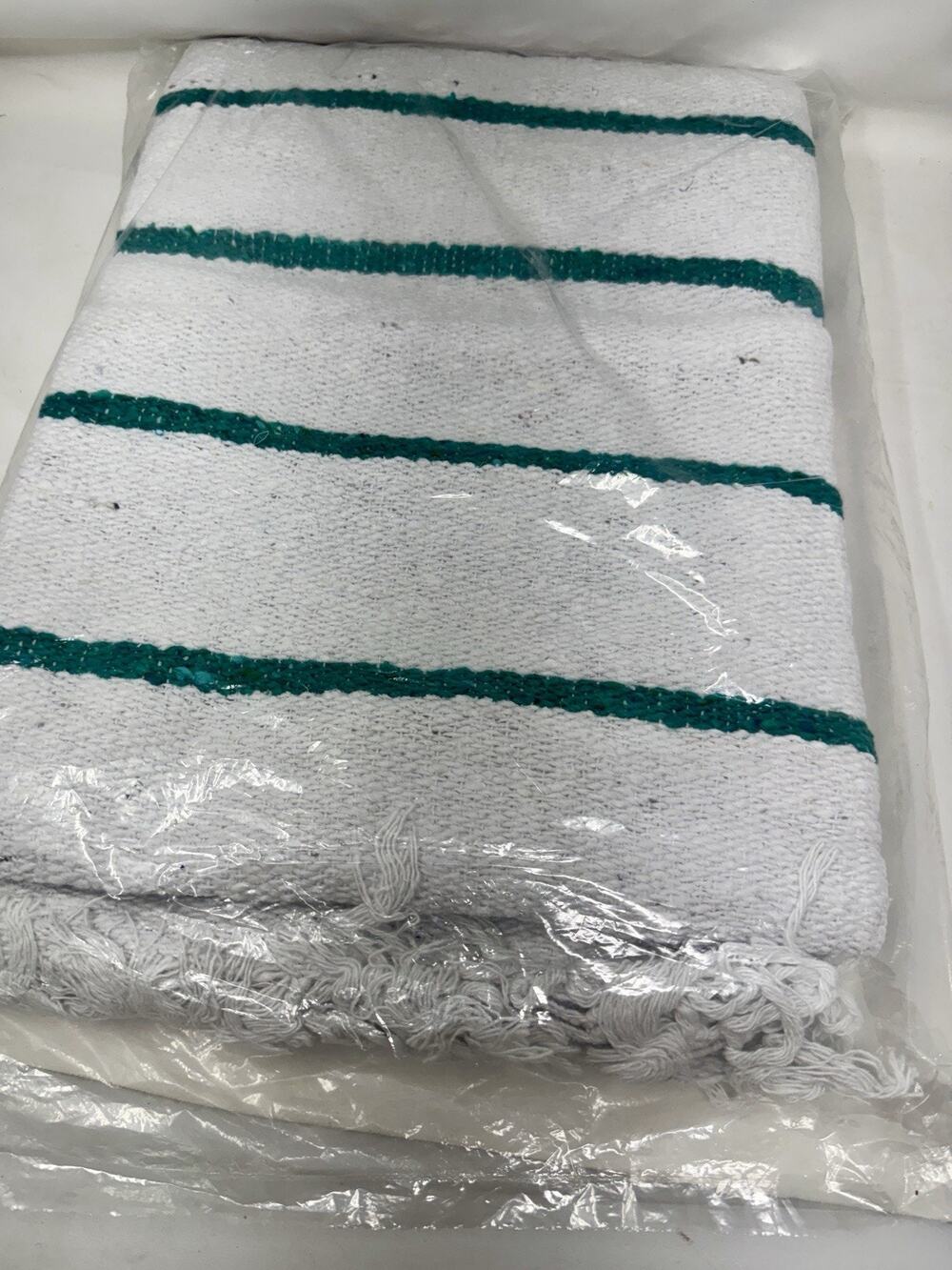 New: Sundream Throw Blanket - Sealed Plastic Bag - White Blanket / Teal Stripes
